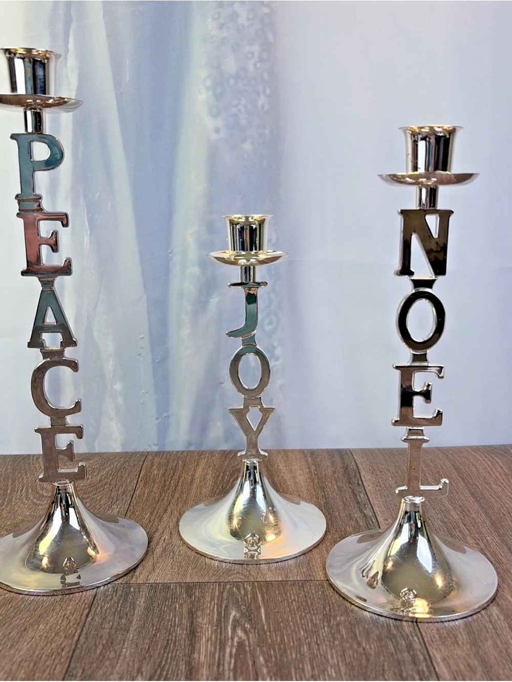 Set of 3 Shiny Harvey Lewis Silver Tone Taper Candlesticks Peace Noel Joy
